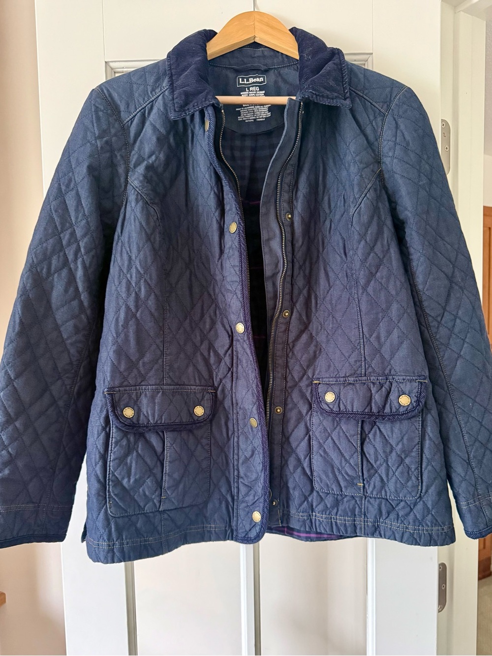 L.L. Bean Quilted Navy Pea Coat with Corduroy Collar